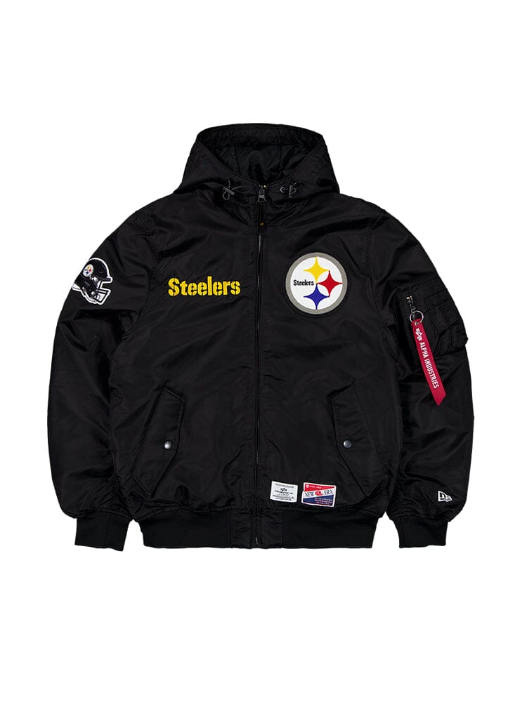 Show your Pittsburgh Steelers pride with the Pittsburgh Steelers X Alpha Industries X New Era L-2B Bomber Jacket. This black bomber jacket from Alpha Industries features a prominent Steelers logo on the front, complemented by yellow Steelers text and detailed NFL team patches on the sleeves.