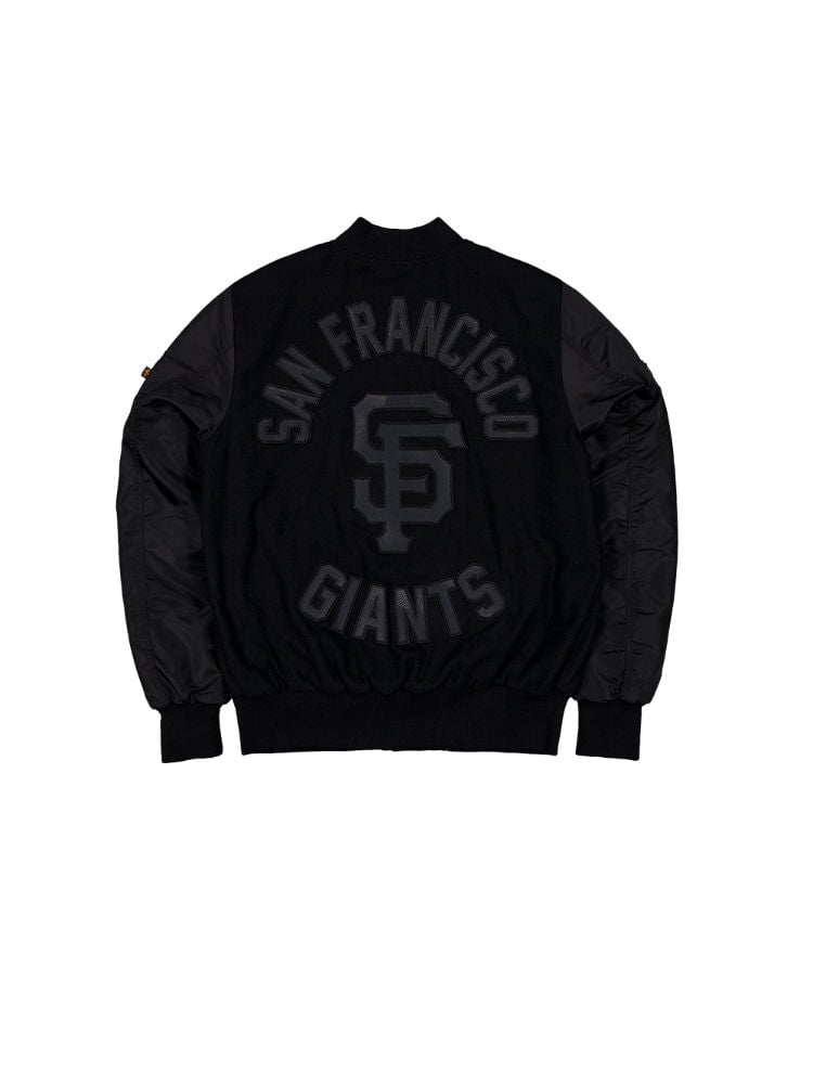 The San Francisco Giants x Alpha x New Era Wool Varsity MA-1 Bomber Jacket by Alpha Industries features a bold logo and team name on the back, along with stylish team patches for a classic finish.