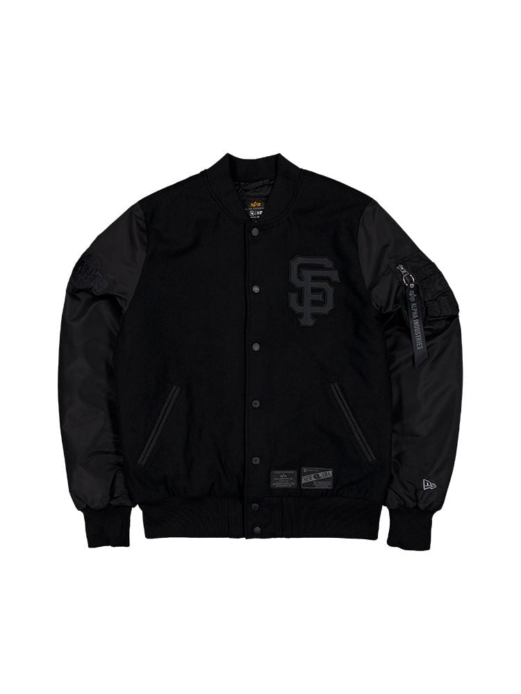 San Francisco Giants x Alpha x New Era Wool Varsity MA-1 Bomber Jacket from Alpha Industries features black faux leather sleeves, a chest logo, team patches, and a button closure.