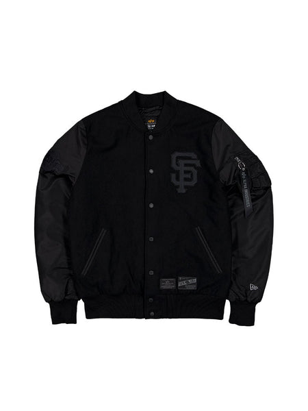 San Francisco Giants x Alpha x New Era Wool Varsity MA-1 Bomber Jacket from Alpha Industries features black faux leather sleeves, a chest logo, team patches, and a button closure.