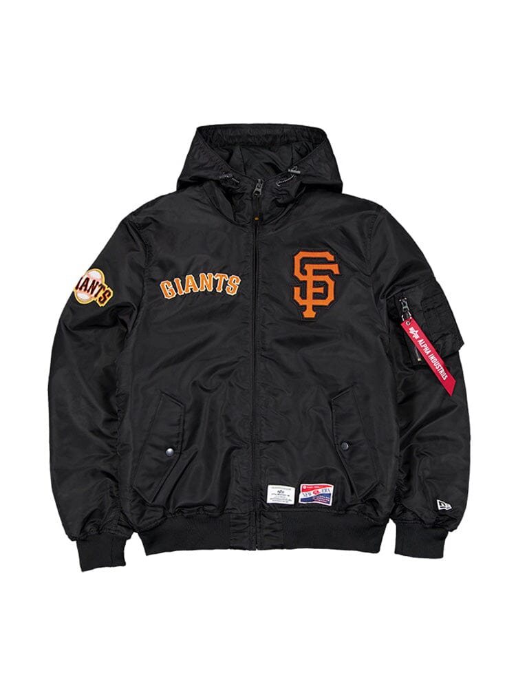 This stylish Black San Francisco Giants x Alpha x New Era L-2B Bomber Jacket by Alpha Industries displays the Giants logo on the front and includes a convenient side pocket with a unique red tag, along with a protective hood. Show off your San Francisco Giants spirit in style.