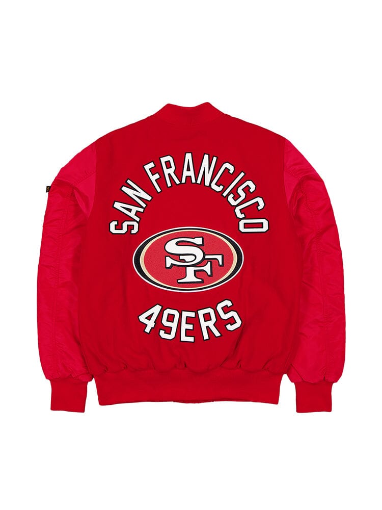 Red San Francisco 49ers X Alpha x New Era MA-1 Bomber Jacket by Alpha Industries, featuring the team logo and name on the back and complete with quilted lining for added comfort.