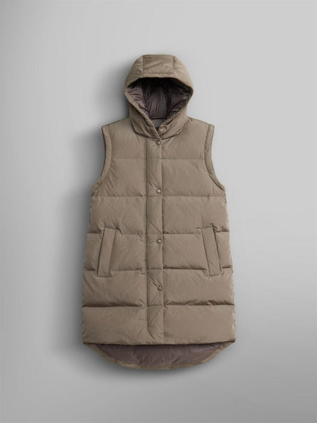 Sierra Convertible Jacket W by Alpha Industries features a taupe-colored quilted puffer design with a hood, water-resistant fabric, front pockets, and snap buttons.