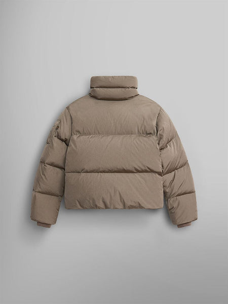 Product Description: The back view of the Sierra Short Puffer W from Alpha Industries, showcasing its beige color and high collar design with water-resistant down fill.