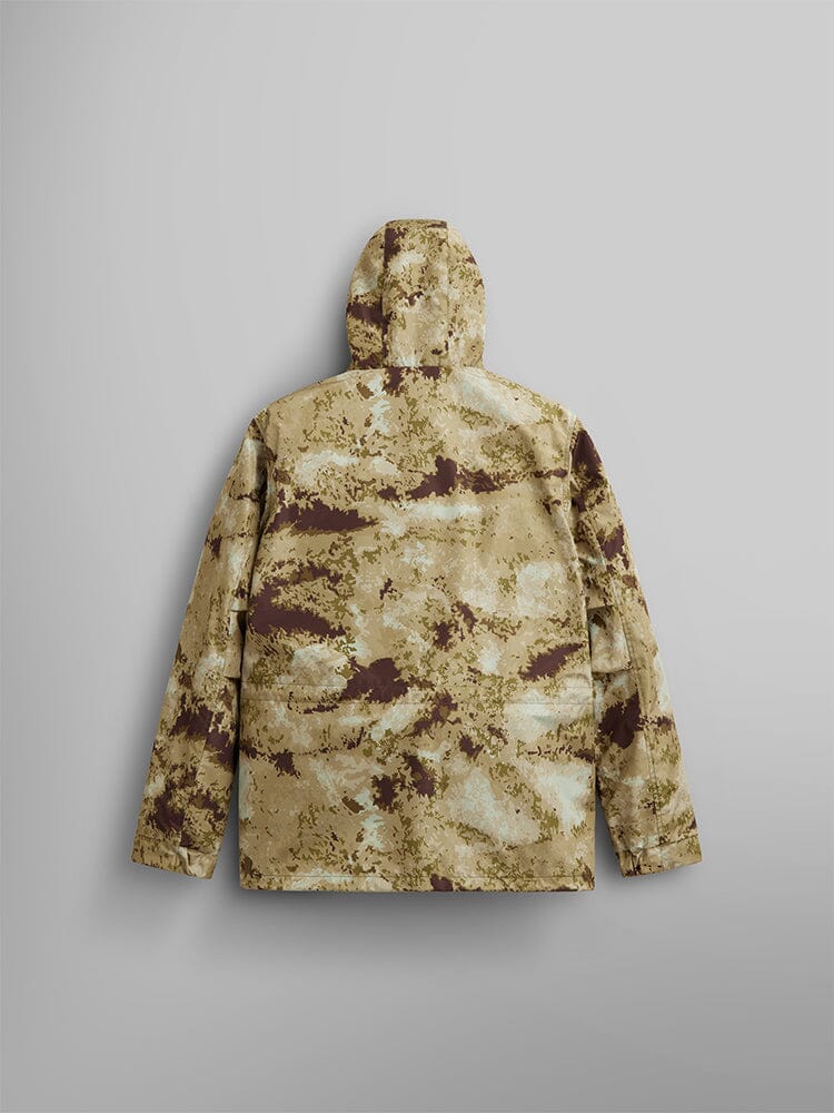 Back view of the Tactical M-65 Field Jacket by Alpha Industries showcases a brown and tan camouflage design.