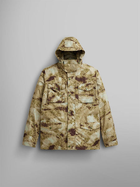 The Alpha Industries Tactical M-65 Field Jacket in Green Blur Camo features a hood and multiple front pockets, showcasing its water-resistant fabric for enhanced durability.