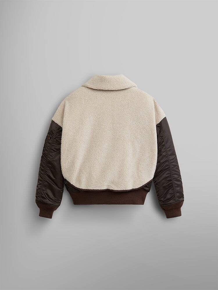 Back view of the Women's B-15 Sherpa Hybrid Bomber Jacket in brown from Alpha Industries.