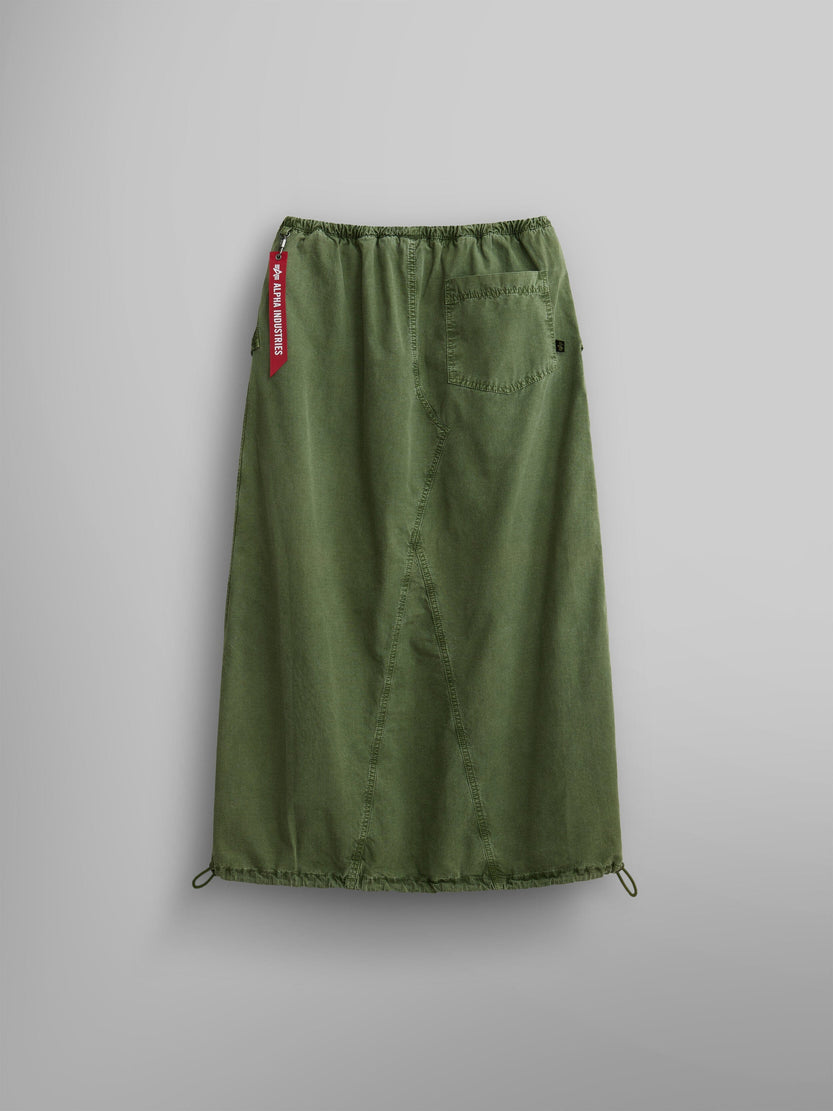 Back view of The Women's Drawcord Skirt By Alpha Industries in green.