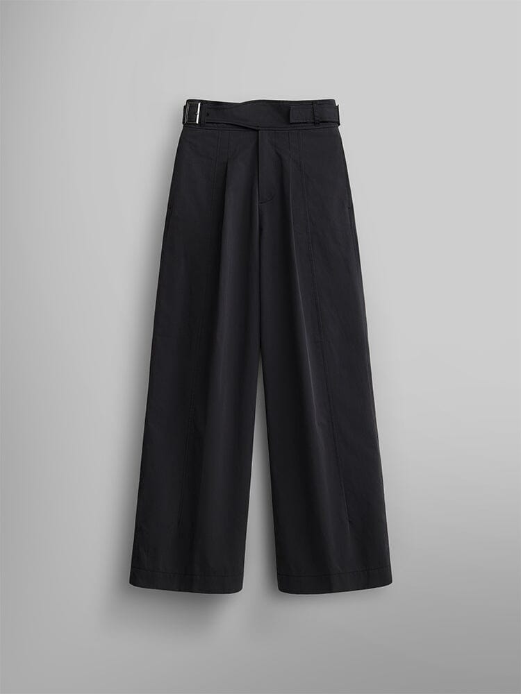 The Women's Gurkha Wide Leg Trouser in black by Alpha Industries features a high-waisted design with a wide-leg silhouette and pleated front.