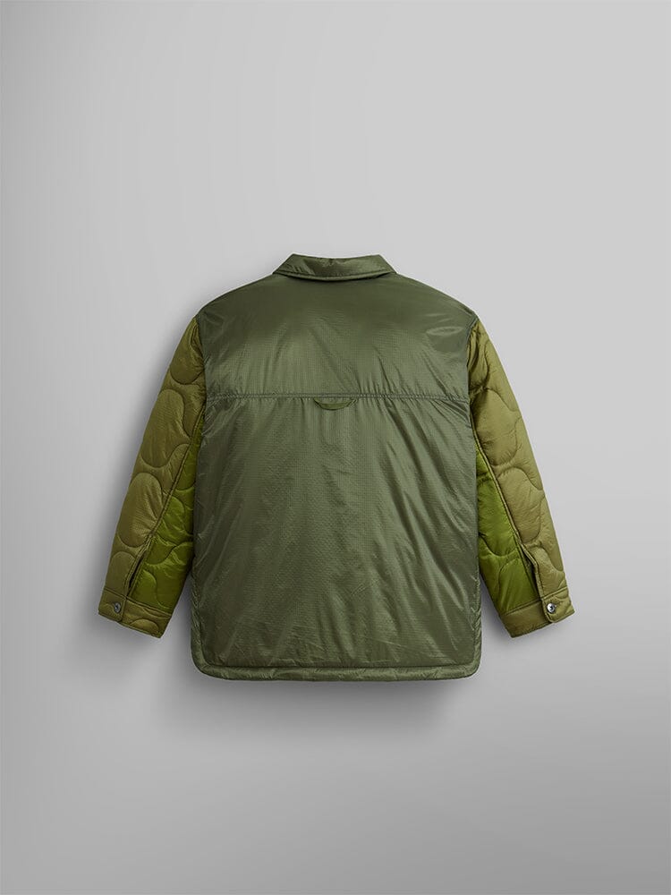 Back view of the Women's Insulated Chore Coat in green by Alpha Industries, showcasing a quilted design with contrasting sleeves and onion quilting.