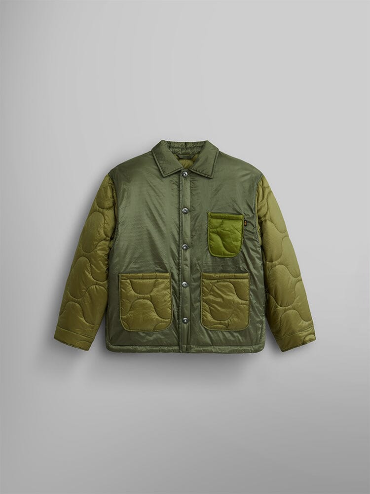 The Women's Insulated Chore Coat from Alpha Industries comes in OG-107 green and features a button closure, collar, and three front pockets.