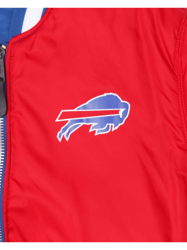 Alpha Industries / NE-NFL offers the Buffalo Bills X Alpha X New Era MA-1 Bomber Jacket, a reversible red bomber with a distinctive blue and white buffalo logo on the chest, complemented by a blue zip and white stripe accents.