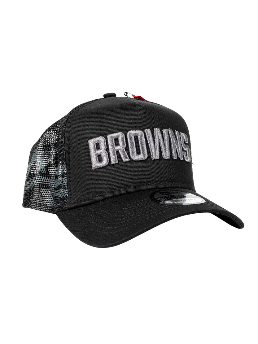 This cap has "Cleveland Browns" embroidered on the front, showcasing a mesh back and a curved brim in the classic trucker style. It is by Alpha Industries.