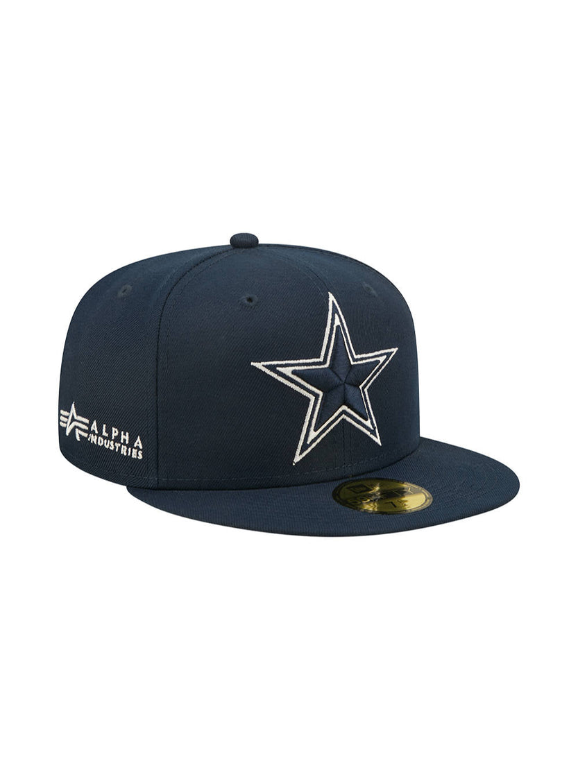 Dallas Cowboys x Alpha Industries x New Era 5950 Fitted Cap in Navy Blue, featuring a white star emblem on the front and the Alpha Industries logo on the side.