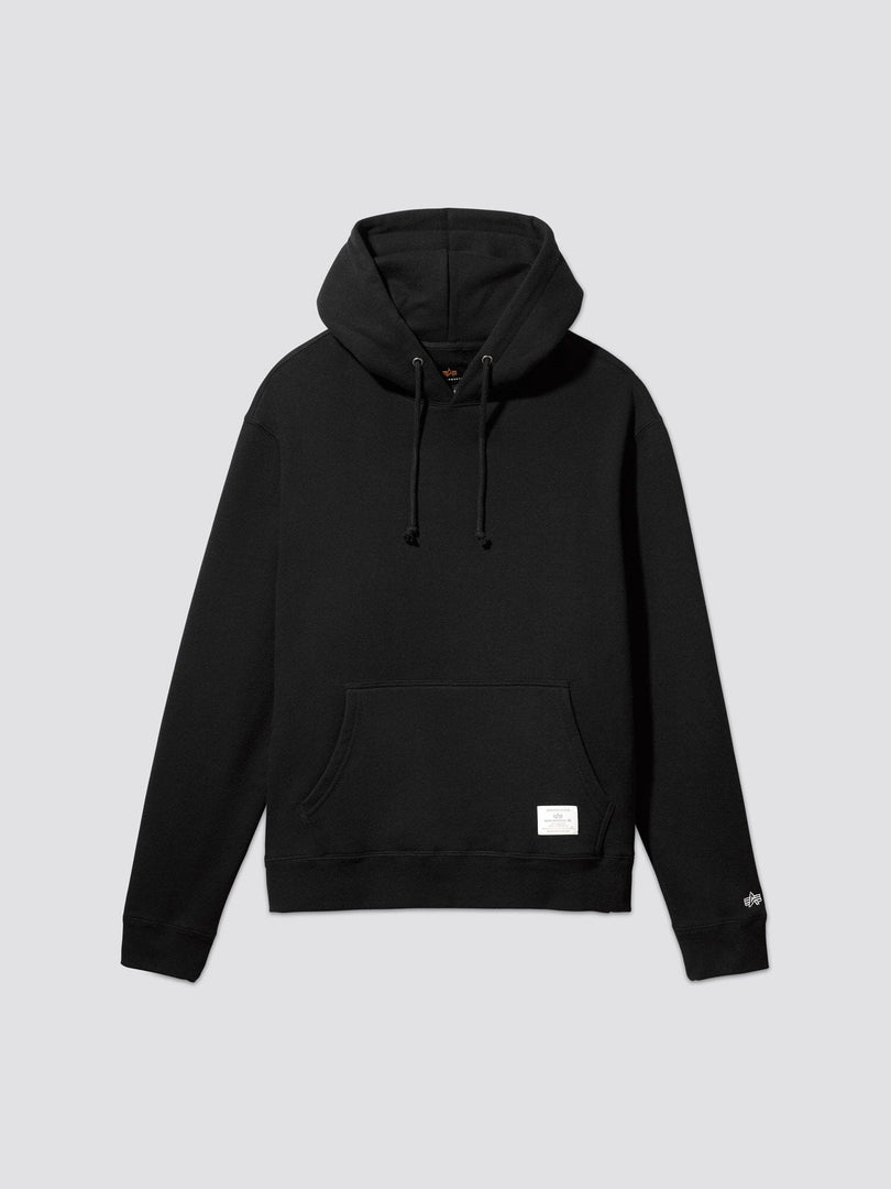 The Essential Hoodie by Alpha Industries is a unisex hoodie showcasing a black hooded design with drawstrings and a front pocket.