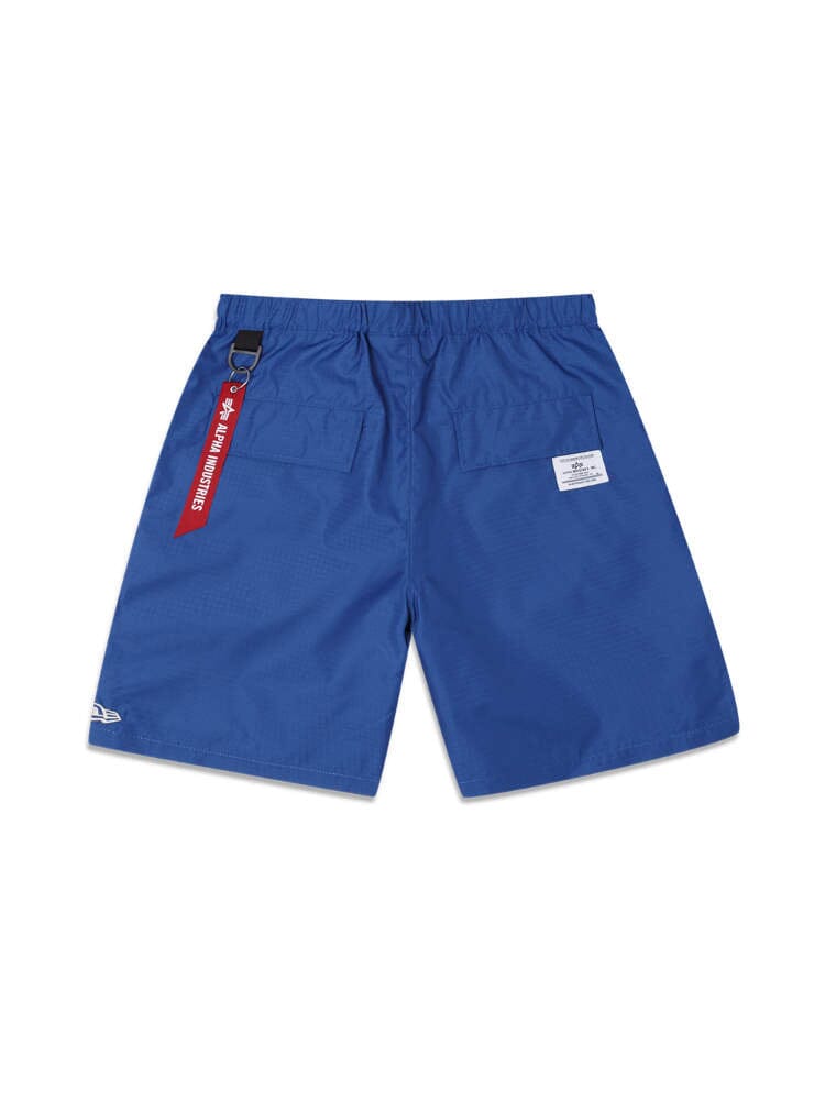 The Golden State Warriors x Alpha x New Era Nylon Shorts by Alpha Industries combine durability with style, featuring back pockets, a white label, and a red strap on the side.