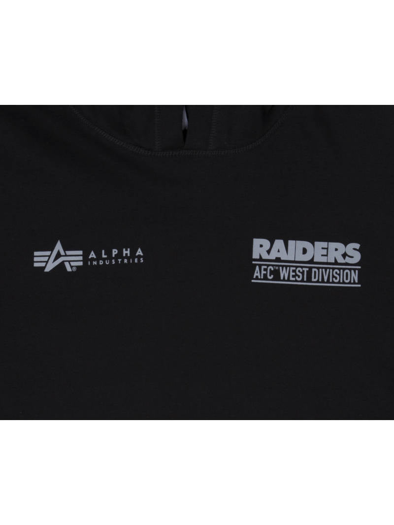 Black hoodie with the Las Vegas Raiders x Alpha x New Era design, featuring the Alpha Industries logo on one side and Raiders AFC West Division text on the other, complete with an embroidered team logo for extra flair.