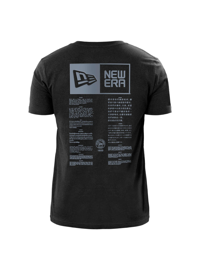 The Las Vegas Raiders X Alpha X New Era T-shirt by Alpha Industries / NE-NFL is a black T-shirt made from mid-weight jersey, showcasing a prominent New Era logo along with multiple white text blocks on the back.