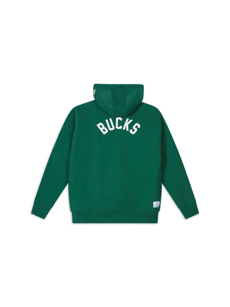 Green heavyweight fleece pullover hoodie from Alpha Industries featuring "BUCKS" printed in white on the back, named the Milwaukee Bucks X Alpha X New Era Hoodie.