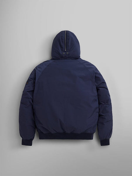 Back view of the blue N-2B Altitude Parka by Alpha Industries.