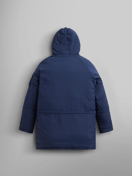 A rear view of the N-3B Altitude Mod Parka by Alpha Industries, featuring long sleeves and water-resistant fabric in blue.