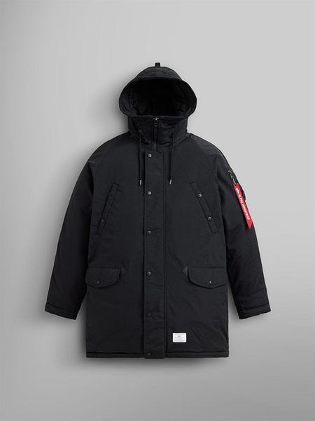 The N-3B Altitude Mod Parka by Alpha Industries, in black, showcases a buttoned front, two large pockets, and a striking red zipper tag on the left sleeve.