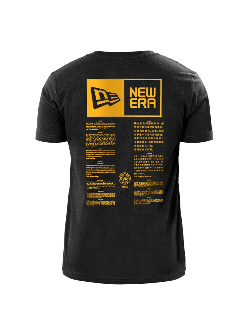 Pittsburgh Steelers x Alpha x New Era T-Shirt by Alpha Industries, a black tee featuring yellow and white text on the back, the New Era logo, and a twill applique screenprint of your team’s logo, along with additional small print details.