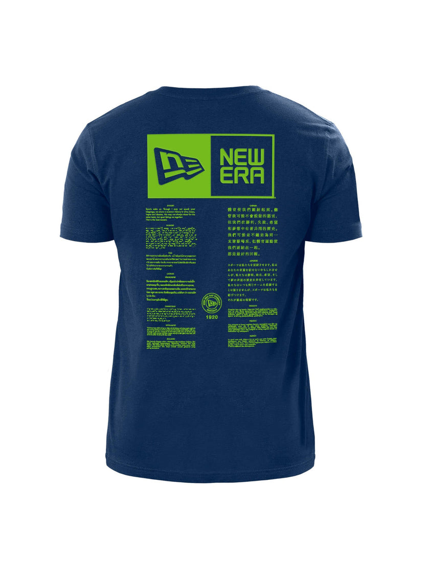 The Seattle Seahawks x Alpha x New Era T-Shirt by Alpha Industries and NE-NFL showcases a blue color with a lime green New Era logo and text on the back, accented with a fashionable twill applique.