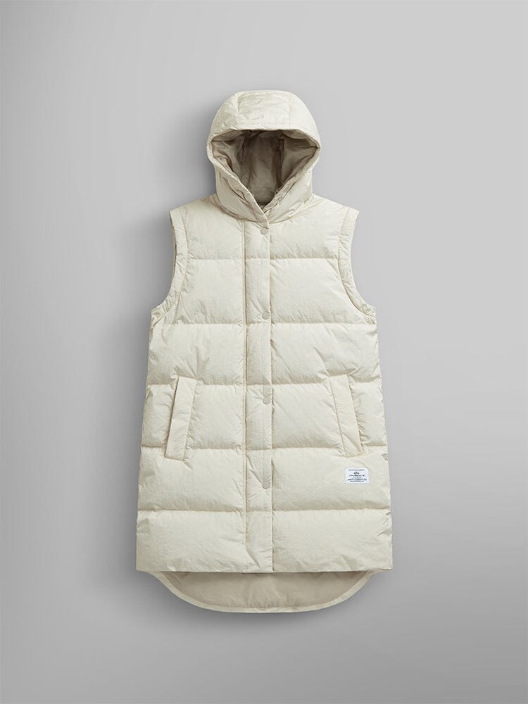 The Sierra Convertible Jacket W by Alpha Industries is a sleeveless hooded beige puffer vest with down fill and water resistance. It includes a front zipper and two pockets.