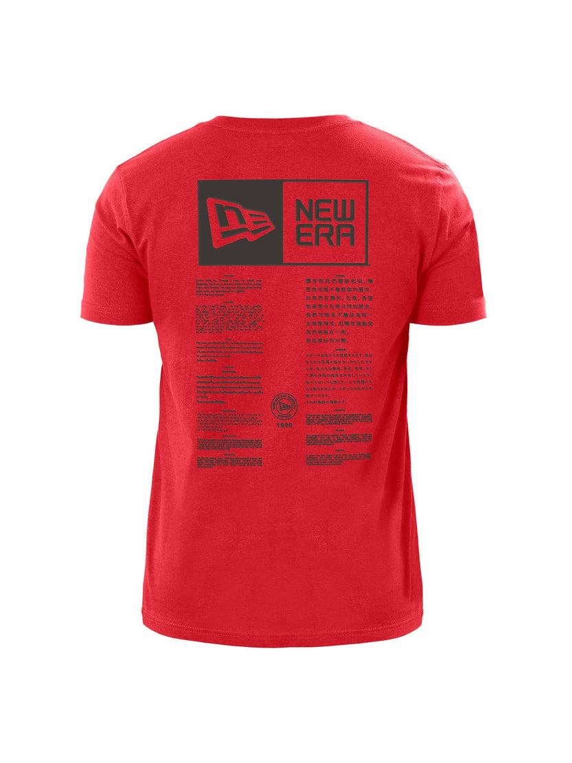 The Tampa Bay Buccaneers x Alpha x New Era T-Shirt, from Alpha Industries and NE-NFL, is a red t-shirt showcasing black text and logos on the back. It includes the New Era logo, the team's logo, and various small printed details for added flair.